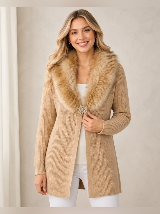 JohnPaulRichard Sweaters - John Paul Richard Camel Faux Fur Collar Knit Cardigan Sweater NWT Size M